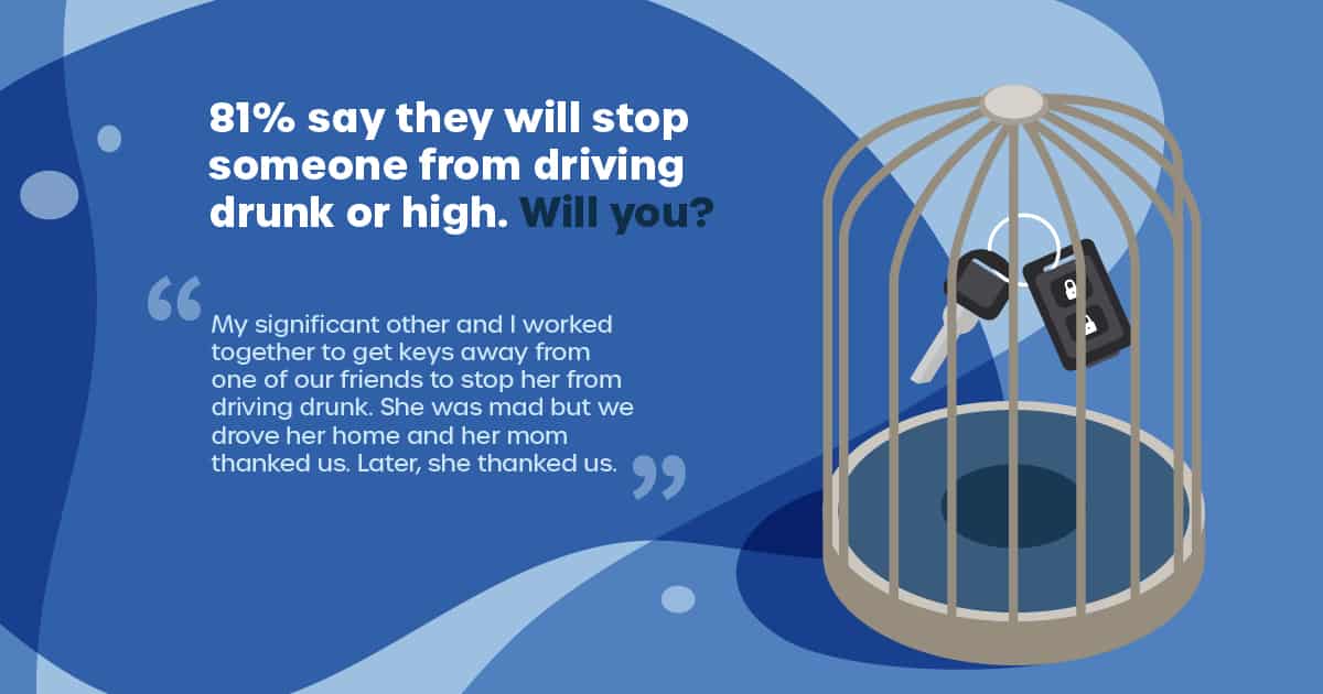 81% say they will stop someone from driving drunk or high. Will you? “My significant other and I worked together to get keys away from one of our friends to stop her from driving drunk. She was mad but we drove her home and her mom thanked us. Later, she thanked us.”